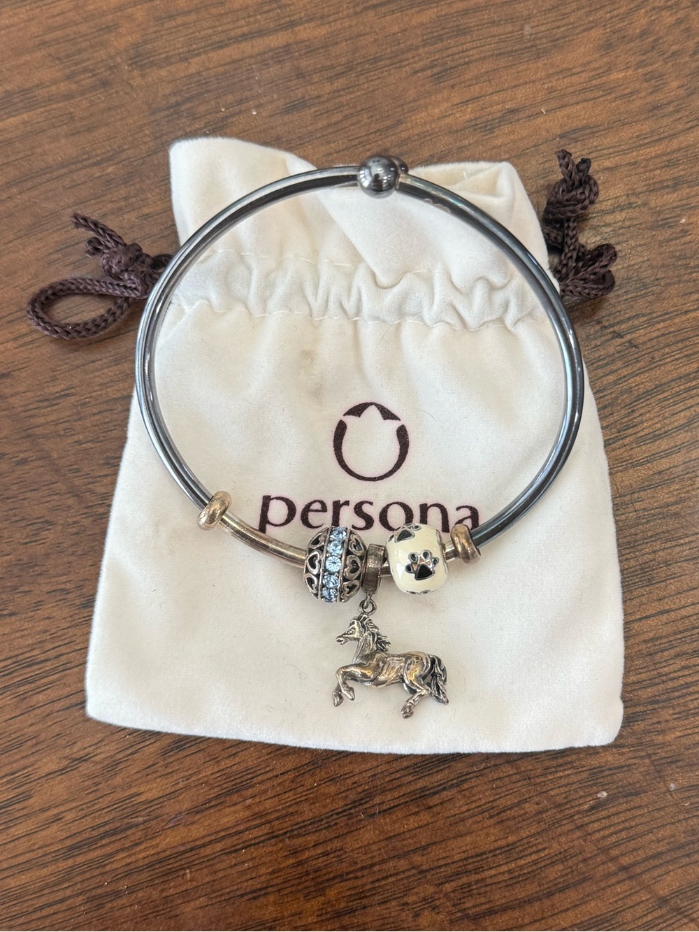 Persona Silver Charm Bangle Bracelet with Horse Charm, blue heart, paw print